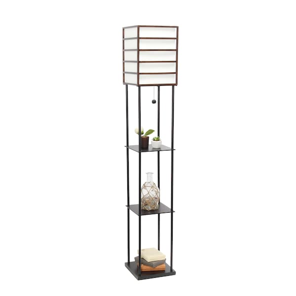 Dark Wood Metal Etagere Floor Lamp With Storage Shelves